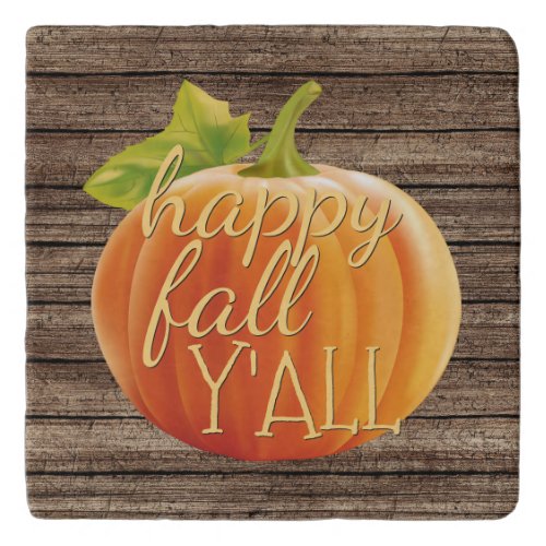 Happy Fall Yall Orange Pumpkin on Planks Pattern Trivet