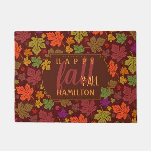 Happy Fall Yall Personalized Autumn Leaf Burgundy Doormat