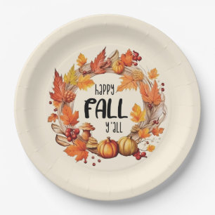 Happy Fall Y'all – Pumpkin & Autumn Leaves Wreath Paper Plates