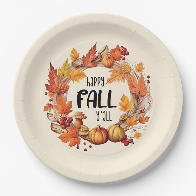 Happy Fall Y'all – Pumpkin & Autumn Leaves Wreath Paper Plates (Front)