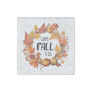 Happy Fall Y'all – Pumpkin & Autumn Leaves Wreath Stone Magnet