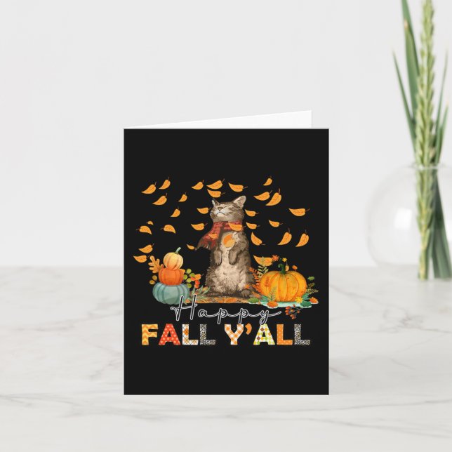 Happy Fall Y'All Pumpkin Cat Autumn Leaves Thanksg Card (Front)
