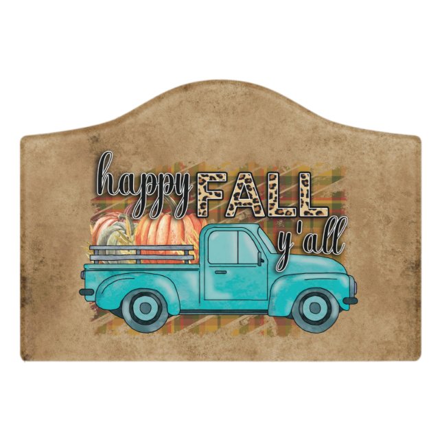 Happy Fall Y'all Pumpkin Farm Truck Plaid  Door Sign (Small Crest Front)