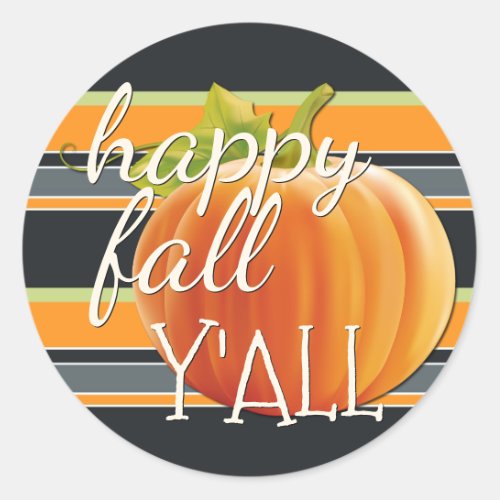 Happy Fall Yall Pumpkin On Vibrant Stripes Pattern Classic Round Sticker