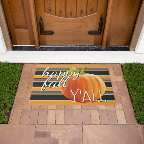 Happy Fall Yall Pumpkin On Vibrant Stripes Pattern Doormat