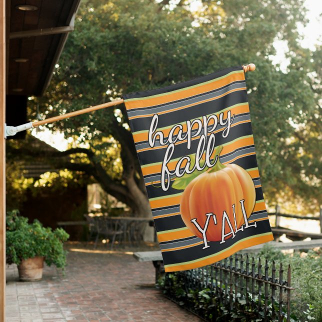 Happy Fall Yall Pumpkin On Vibrant Stripes Pattern House Flag (In SItu)