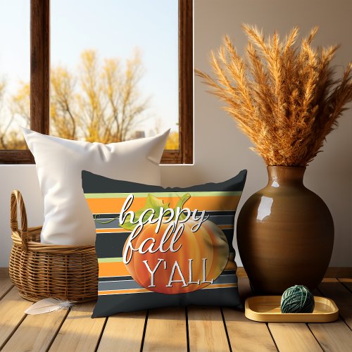 Happy Fall Yall Pumpkin On Vibrant Stripes Pattern Throw Pillow