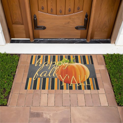 Happy Fall Yall Pumpkin Orange Green Stripes Doormat