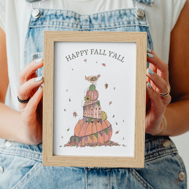 Happy Fall Y'all Pumpkins and Chicken Seasonal Poster (Cute Fall Pumpkin Stack Art Printable)