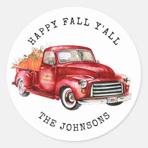 Happy Fall Yall Red Truck Pumpkins Classic Round Sticker