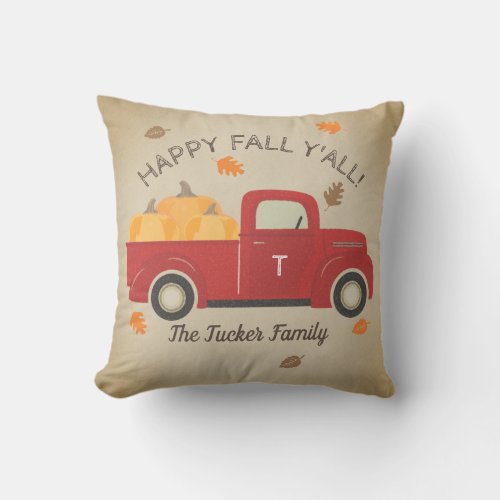 Happy FALL Yall Red Truck Pumpkins Monogram Throw Pillow
