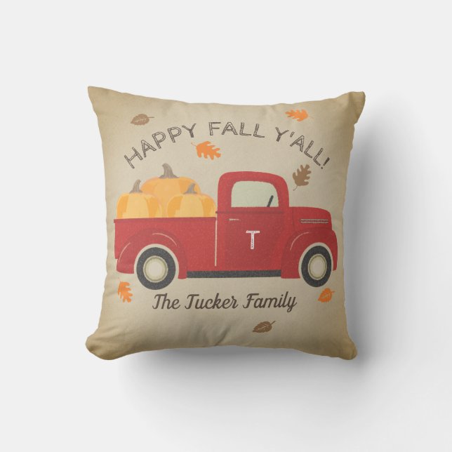 Happy FALL Y'all Red Truck Pumpkins Monogram Throw Pillow (Front)
