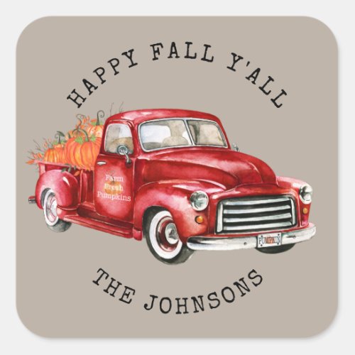 Happy Fall Yall Red Truck Pumpkins Square Sticker