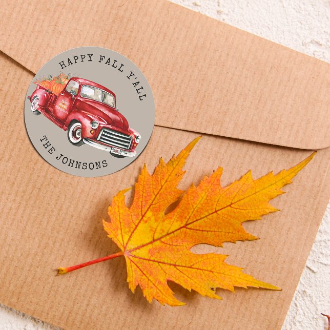 Happy Fall Y'all Red Truck Pumpkins Square Sticker (Happy Fall Y'all Red Truck Pumpkins Square Sticker)