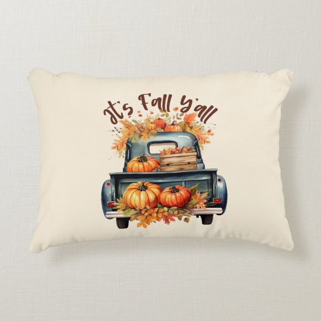 Happy Fall Y'all – Rustic Truck with Pumpkins Accent Pillow (Front)