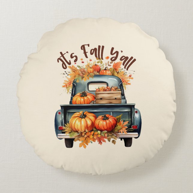 Happy Fall Y'all – Rustic Truck with Pumpkins Round Pillow (Front)