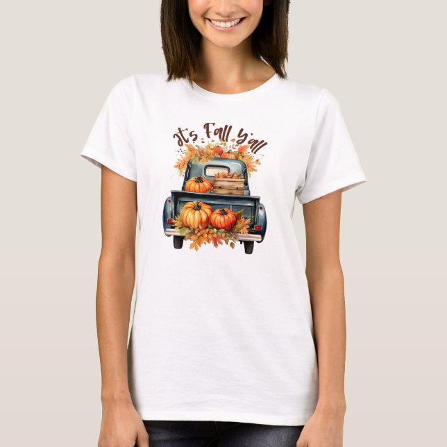 Happy Fall Y'all – Rustic Truck with Pumpkins T-Shirt (Front)