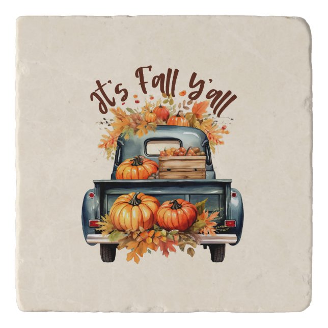 Happy Fall Y'all – Rustic Truck with Pumpkins Trivet (Front)