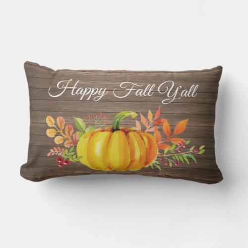 Happy Fall Yall Rustic Watercolor Pumpkin Lumbar Pillow