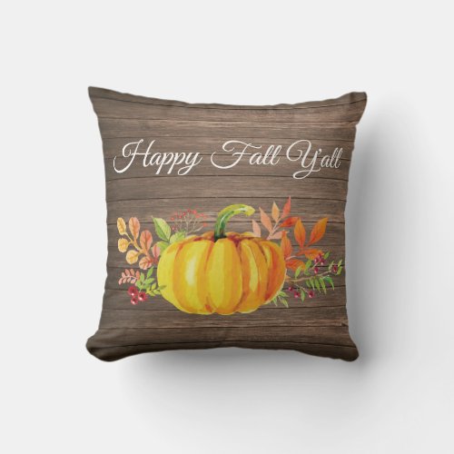 Happy Fall Yall Rustic Watercolor Pumpkin Throw Pillow
