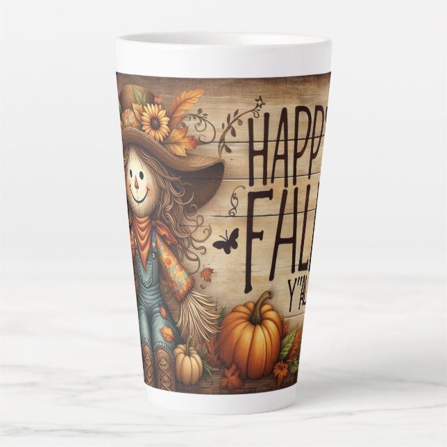 Happy Fall Ya'll Scarecrow and Autumn Foliage Latte Mug (Front)