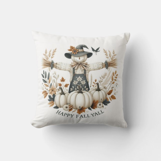 Happy Fall Y'all Scarecrow and Autumn Foliage Throw Pillow (Front)