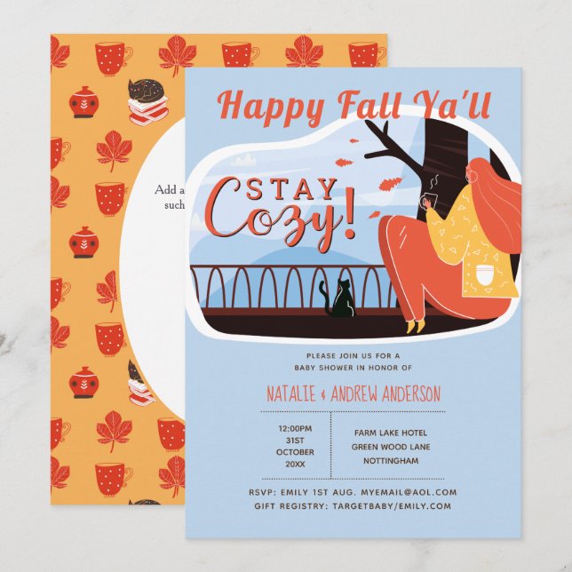 Happy Fall Ya'll Stay Cozy Folk Art Baby Shower Invitation (Front/Back)