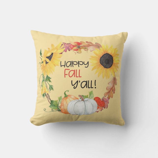 Happy Fall Y'all Sunflower Pumpkin Wreath Outdoor Pillow (Front)