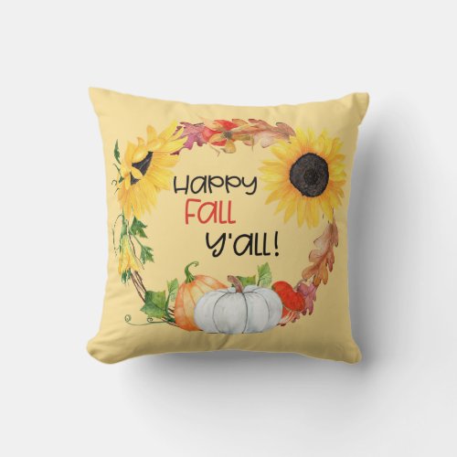 Happy Fall Yall Sunflower Pumpkin Wreath Throw Pillow