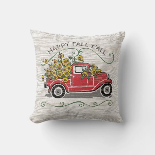 Happy Fall Yall Sunflower Vintage Red Truck Throw Pillow