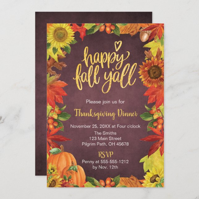 Happy Fall Y'all Thanksgiving Dinner invitation (Front/Back)