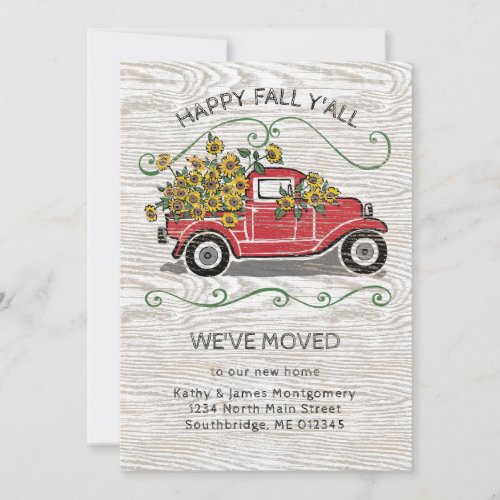 Happy Fall YAll Vintage Red Truck Floral Moving Announcement