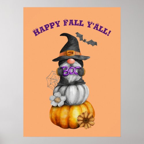 Happy Fall YAll Watercolor Autumn Gnome Poster