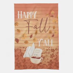 Happy Fall Y'all with Coffee and Autumn Leaves Kitchen Towel