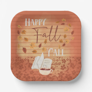 Happy Fall Y'all with Coffee and Autumn Leaves Paper Plates