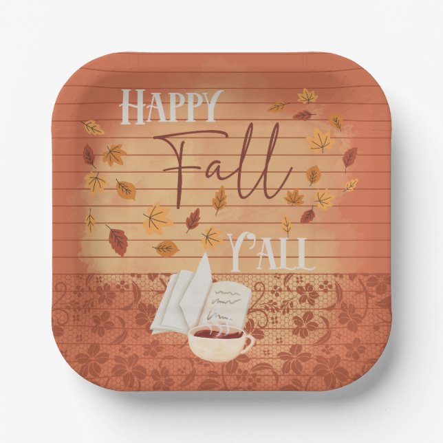 Happy Fall Y'all with Coffee and Autumn Leaves Paper Plates (Front)