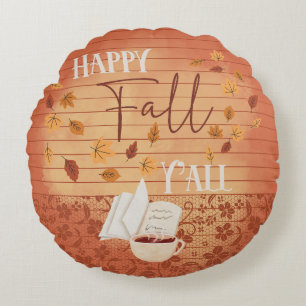 Happy Fall Y'all with Coffee and Autumn Leaves Round Pillow