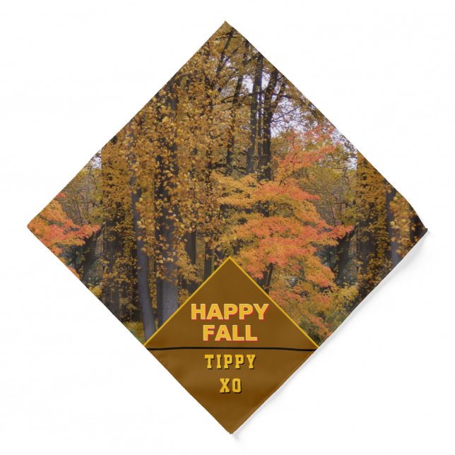 Happy Fall Yellow Orange Leaves Pet Name Bandana (Front)