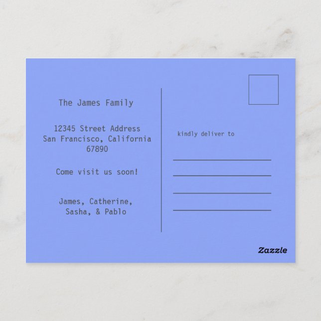 Happy Family Soft Blue New Home Moving Postcard (Back)