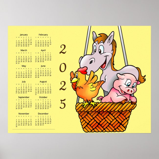 Happy Farm Animals 2025 Calendar Poster