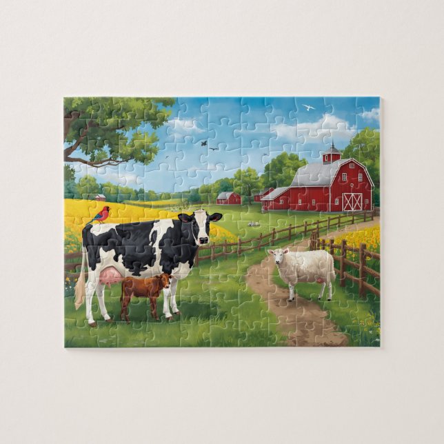 Happy Farm Animals Red Barn Rural Scene Jigsaw Puzzle (Horizontal)