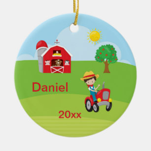 Happy Farm Boy Barn Tractor Animals Brown Ceramic Ornament