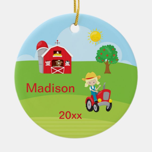 Happy Farm Girl Barn Tractor Animals Blonde Ceramic Ornament (Front)