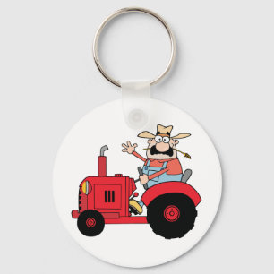 Happy Farmer In Red Tractor Waving A Greeting Keychain