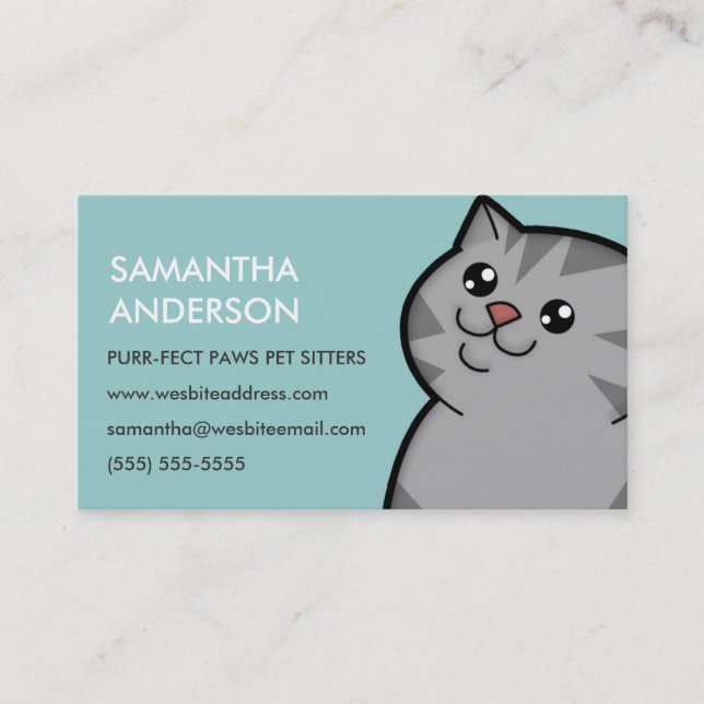Happy Fat Silver Tabby Personalized Business Cards (Front)