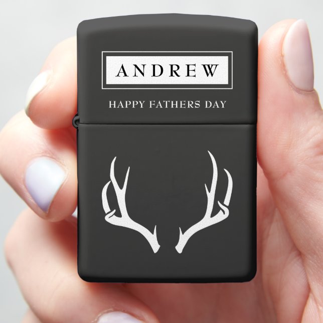 Happy Father Day Black and White Hunting Antlers Zippo Lighter (In Hand)