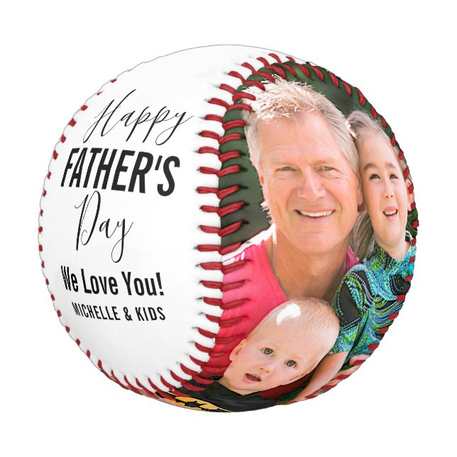 Happy Father’s Day Family Photos Name Script White Baseball (Angled)