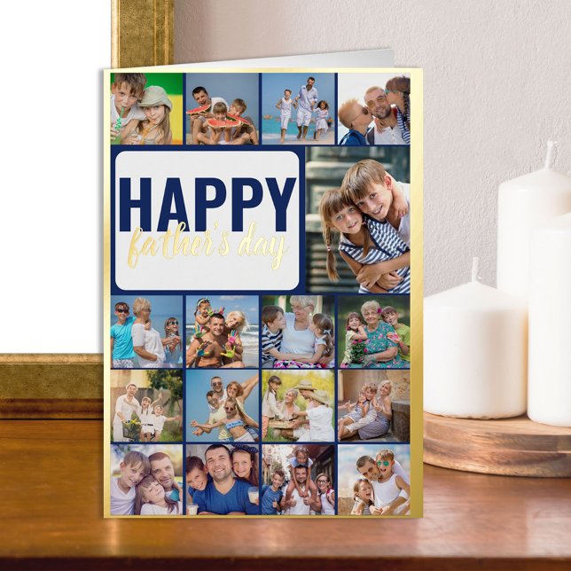 Happy Father's Day 17 Photo Collage Gold Foil Holiday Card (Creator Uploaded)
