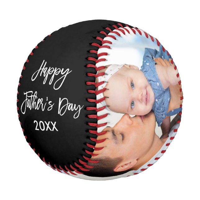 Happy Father's Day 2 Photo Brush Script Blk Baseball (Angled)