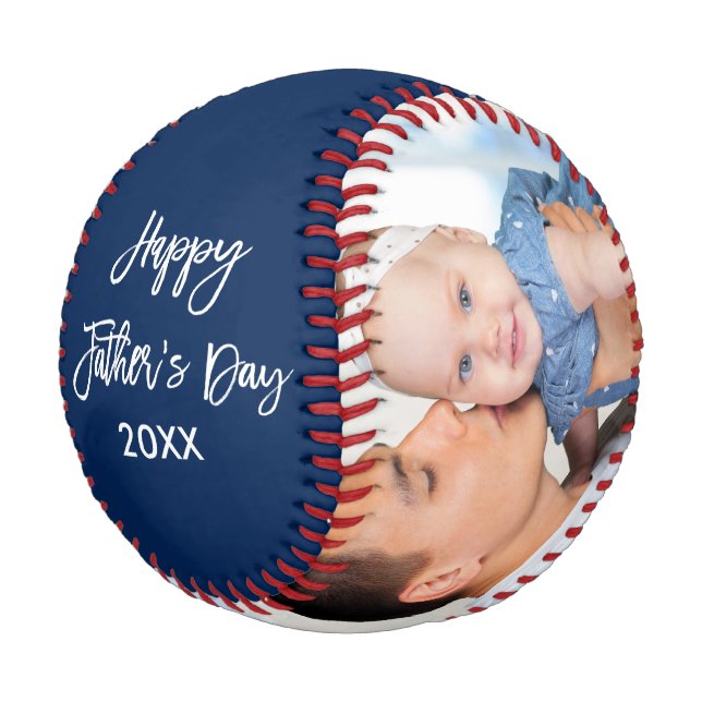 Happy Father's Day 2 Photo Brush Script Blue Baseball (Angled)